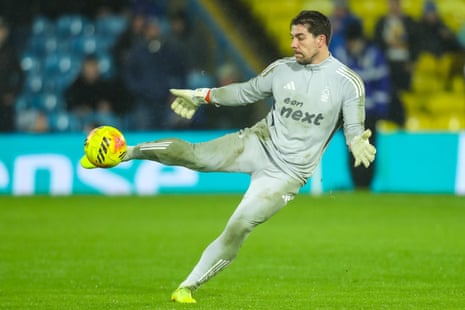 Nottingham Forest keeper Stefan Ortega gets some kicking practice in during the warm up.