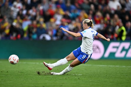 Beth Mead slips as she takes her first penalty