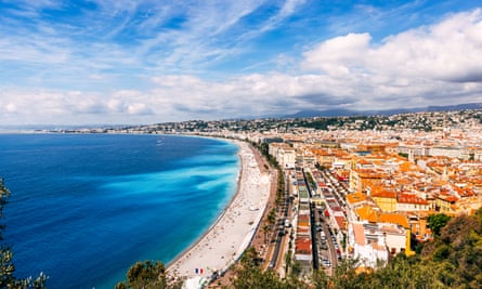 An aerial shot of Nice beach and old town