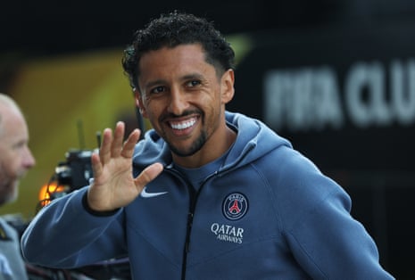 Paris Saint-Germain linchpin Marquinhos is all smiles as he arrives at the Mercedes-Benz Stadium.