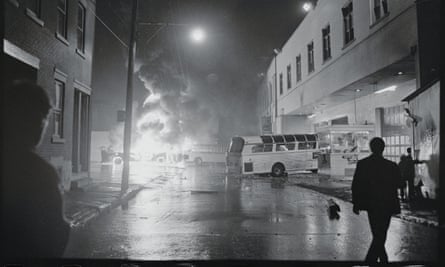 Buses on fire during the Montreal police strike of October 1969.