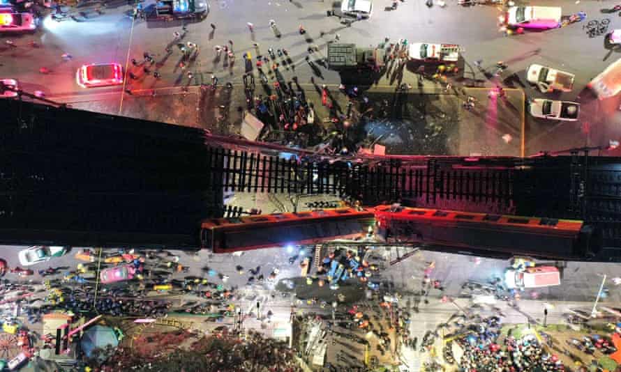 An overpass for Mexico City’s metro partially collapsed with train cars on it on Monday night