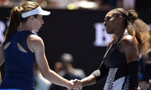 Serena Williams shakes hands with Johanna Konta
