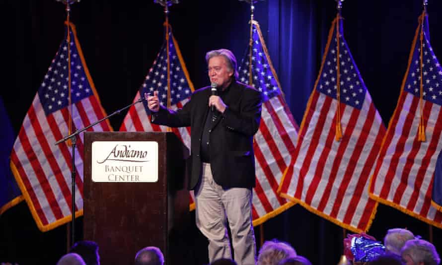 Steve Bannon, former chief strategist to President Donald Trump, speaking at Republican dinner earlier this month. His Breitbart news organisation is accused of spreading anti-Muslim fake news.