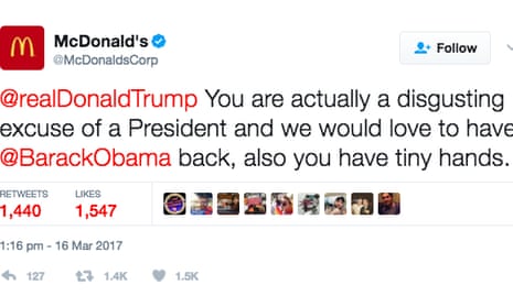 ‘You are actually a disgusting excuse of a President’ … how @McDonaldsCorp tweeted at Trump’s official account.