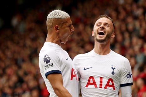 Spurs’ James Maddison celebrates with Richarlison after scoring the team's first goal at Bournemouth.