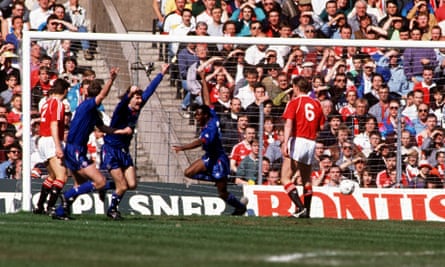 Oldham’s Earl Barrett (centre) celebrates his goal in the epic FA Cup semi-final against Manchester United in 1990