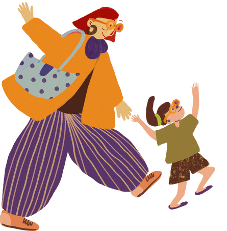 An illustration of a boy and a woman walking.