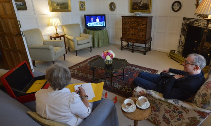Theresa May and her husband Philip watching ‘The Chase’ at Chequers during filming of the BBC Panorama show to be broadcast tonight.
