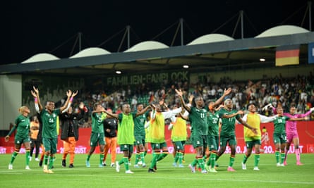 The Zambia players celebrate after a pre-World Cup win over Germany earlier this month.