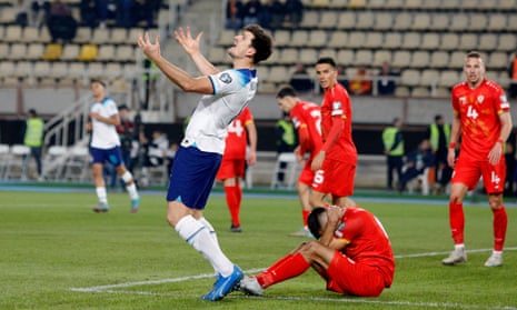 England's Harry Maguire reacts during the 1-1 draw in North Macedonia.