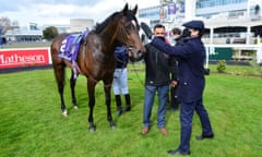 Aidan O’Brien pats Bolshoi Ballet after his colt’s victory at Leopardstown Racecourse in April.