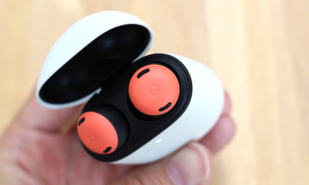 The top of the Pixel Buds Pro earbuds in the charging case shows the Google logo 