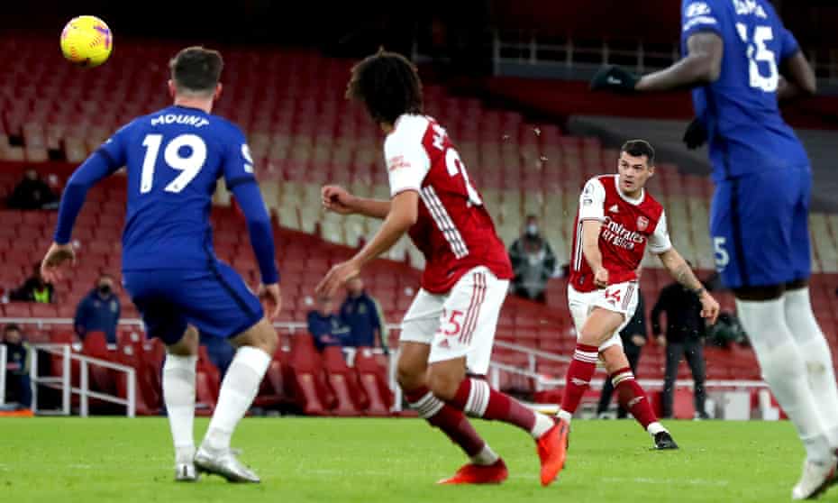 Granit Xhaka scores Arsenal’s second goal against Chelsea with a quite wonderful and unexpected free-kick.
