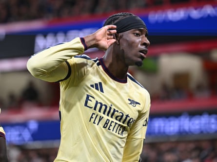 Noni Madueke enjoys his goal for Arsenal