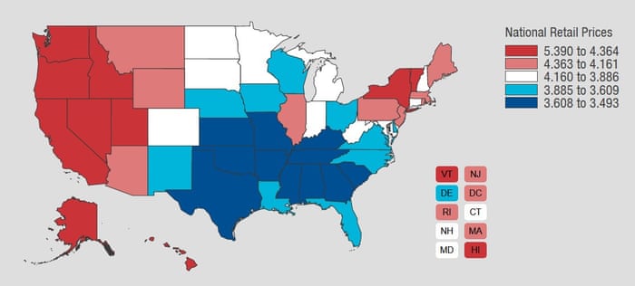A map showing US petrol prices tend to be higher in Democrat-led states where taxes are higher.