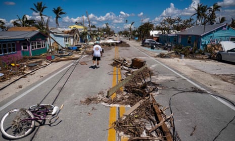Debris scattered on Pine Island Road in the aftermath of Hurricane Ian in Matlacha, Florida on 1 October.
