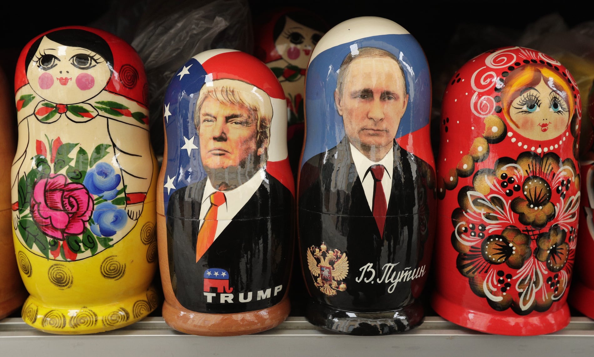 Russian matryoshka dolls of Donald Trump and Vladimir Putin.