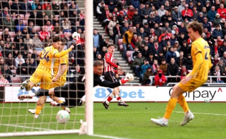 Sunderland’s Chris Rigg scores but the goal was ruled out for offside.