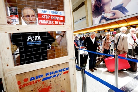 Cromwell leads a Peta protest against Air France’s Cruelty To Monkeys in 2014.