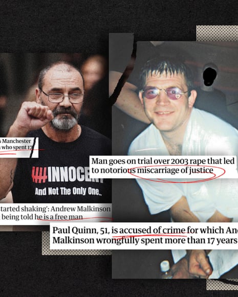 Composite of Malkinson and Quinn overlaid with pieces of text from news coverage of the case
