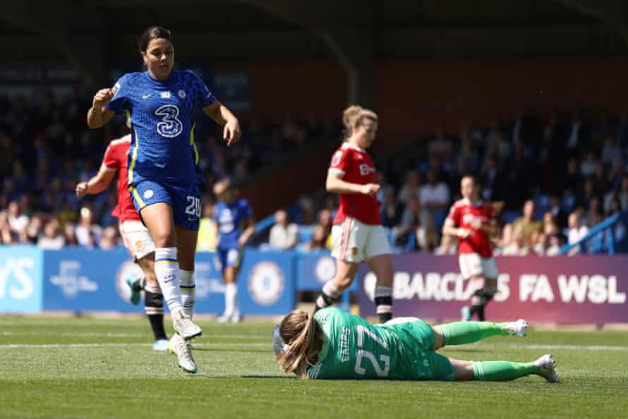 Mary Earps makes a save at the feet of Sam Kerr