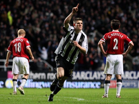 James Milner celebrates scoring for Newcastle in 2-2 draw with Manchester United at St James’ Park on 1 January 2007