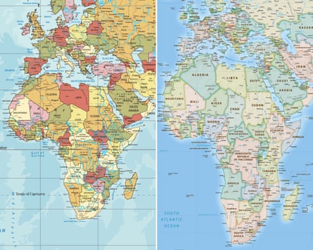 Two maps of Africa side by side with the one of the left showing a bigger Africa