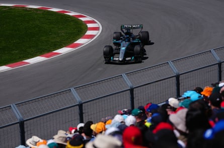 George Russell negotiates a hairpin bend in his Mercedes in Montreal.