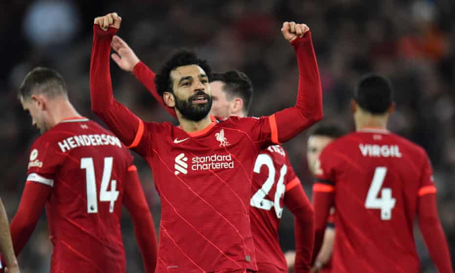 Mohamed Salah celebrates his second, and Liverpool’s fourth, on another rough night for United.