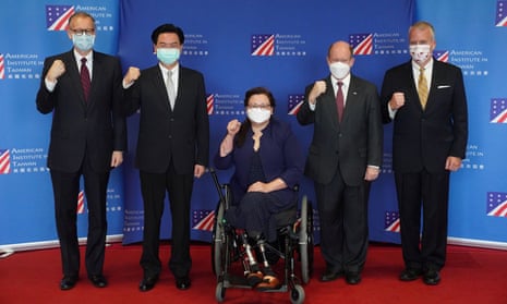 US senator Tammy Duckworth (centre) at a news conference where she announced that the US would donate 750,000 vaccination doses to Taiwan.