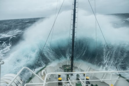 Greenpeace’s ship Arctic Sunrise hits a wave during rough weather in the South Atlantic.