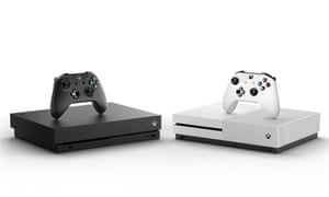 Xbox One X in black and white.