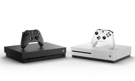 Xbox One X in black and white.