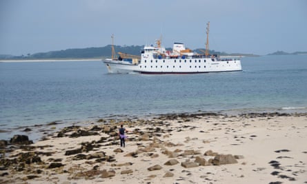 RMV Scillonian III Ferry passes en-route from Penzance to St Mary’s, Isles of Scilly
