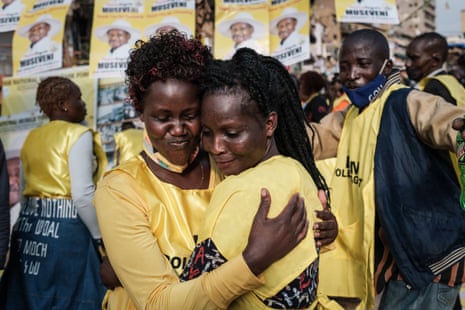 Supporters of incumbent Ugandan President Yoweri Museveni celebrate in the streets of Kampala on January 16