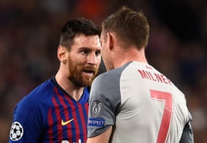 FBL-EUR-C1-BARCELONA-LIVERPOOLBarcelona’s Lionel Messi lets Liverpool’s James Milner know what he thinks of that challenge.