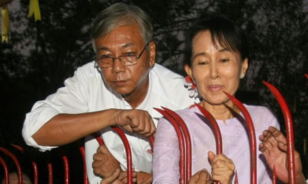 Htin Kyaw with Aung San Suu Kyi at her residence on the day of her release from house arrest in Yangon, where she was detained for nearly two decades.