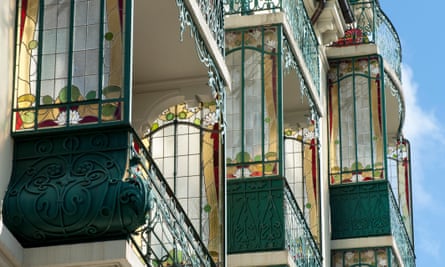 Colourful glass in art nouveau balconies in La Chaux-de-Fonds.