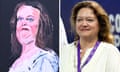 Composite of Gina Rinehart and the portrait of her painted by Vincent Namatjira