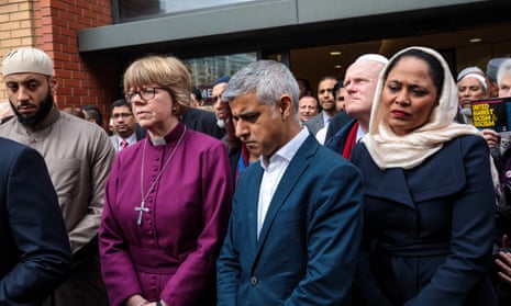 The London Mayor Sadiq Khan with faith and community leaders at a vigil at the east London mosque for the victims of the New Zealand attacks.