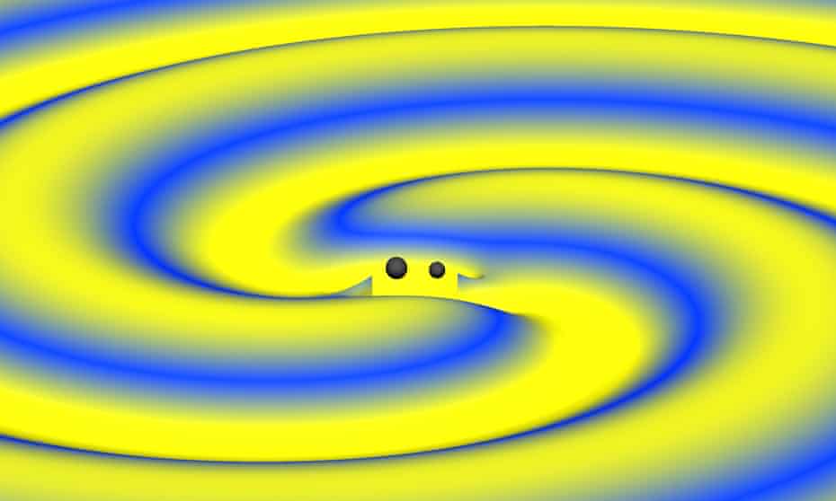 A numerical simulation of a binary black hole merger with masses and spins consistent with the most recent Ligo observation. The strength of the gravitational wave is indicated by elevation as well as colour, with blue indicating weak fields and yellow indicating strong fields. 