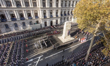 Remembrance Day ceremony and procession. The Cenotaph. Whitehall. London. Photograph by David Levene 11/11/18