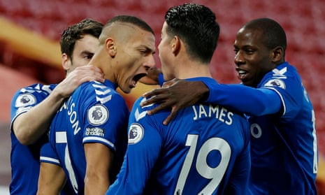 Everton players celebrate Richarlison’s goal in the 2-0 victory over Liverpool at Anfield