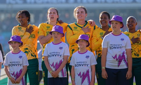 The South Africa players sing their national anthem.