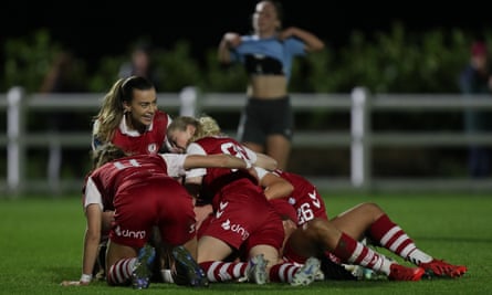 Bristol City celebrate their late winner against Coventry United this month