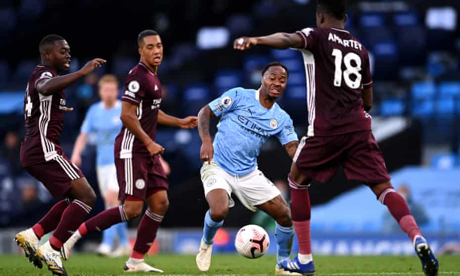 Raheem Sterling battles for possession with Nampalys Mendy, Youri Tielemans and Daniel Amartey during City’s home defeat by Leicester in September.
