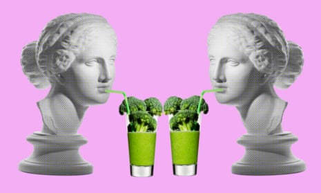 composite image of two grecian looking busts of women drinking green juice with broccoli florets poking out