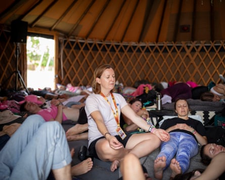 Sarah Phillips meditating in the Retreat Yurt at Glastonbury