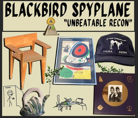 Collage of items (including a wooden chair, a Miro painting, a Laura Dern cap) featured in the newsletter